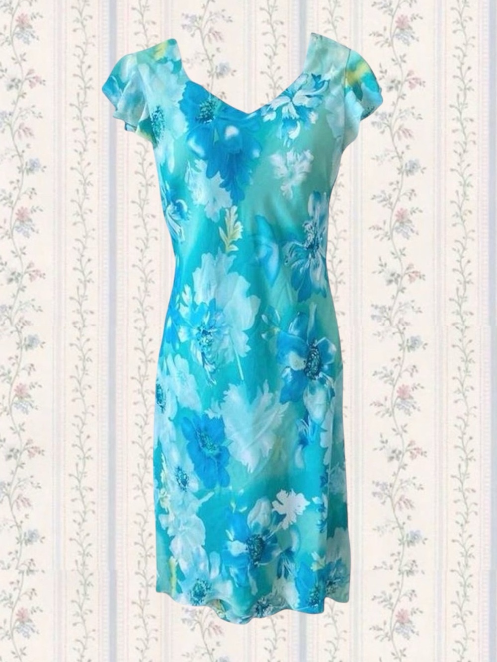 Floral V-Neck Blue Tea Dress